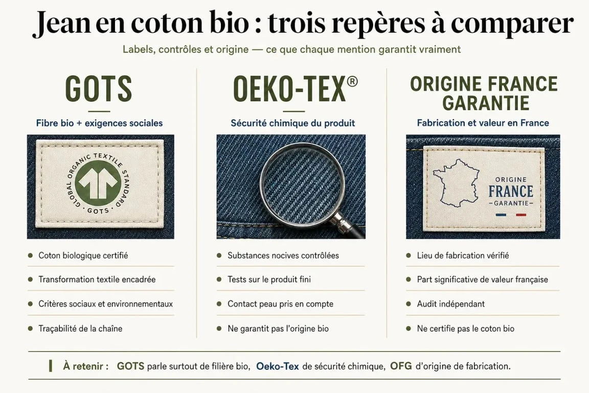 Jean coton bio : comparaison des labels GOTS, Oeko-Tex et Origine France Garantie