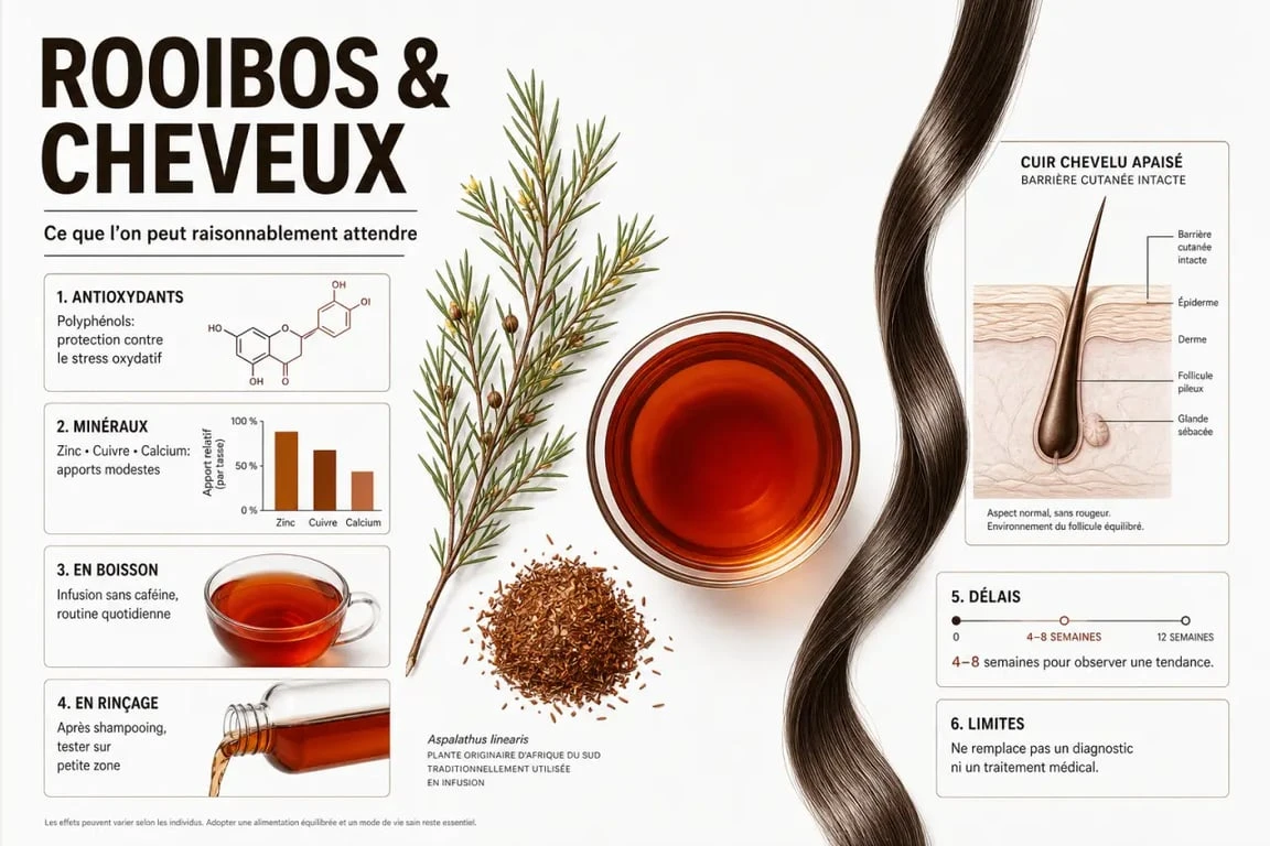 Infographie rooibos cheveux sur les bienfaits, les usages et les limites