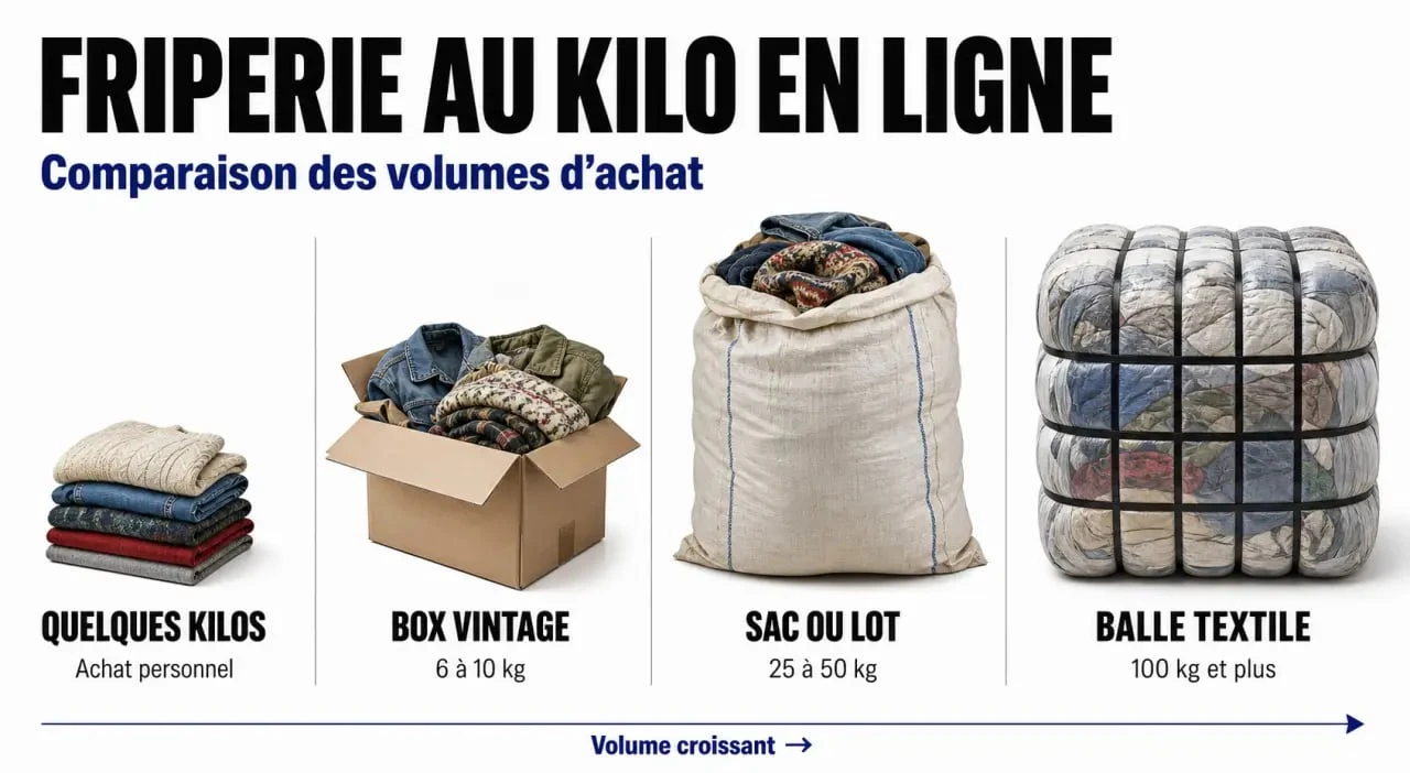 Friperie au kilo en ligne : comparaison visuelle des formats kilo, box, lot et balle textile