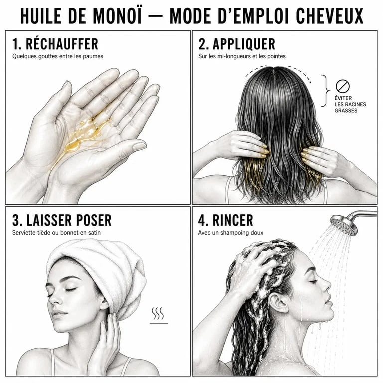 Huile de monoi cheveux : étapes d’application sur les longueurs, les pointes et le rinçage