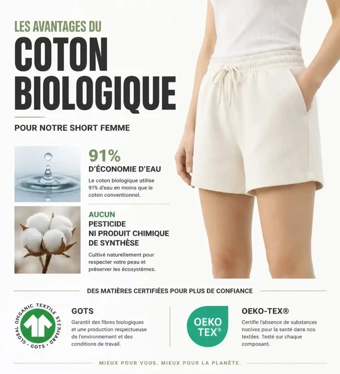 Infographie des avantages du short en coton bio pour femme et labels de certification