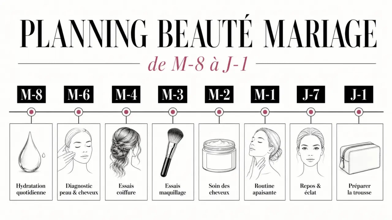 Coiffure et maquillage de mariage : planning beauté de M-8 à J-1