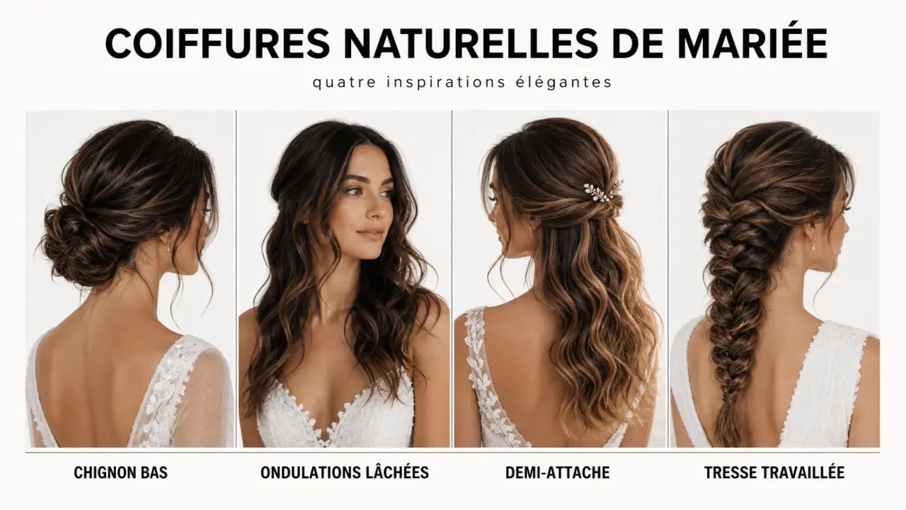 Coiffure et maquillage de mariage : chignon bas, ondulations, demi-attache et tresse naturelle
