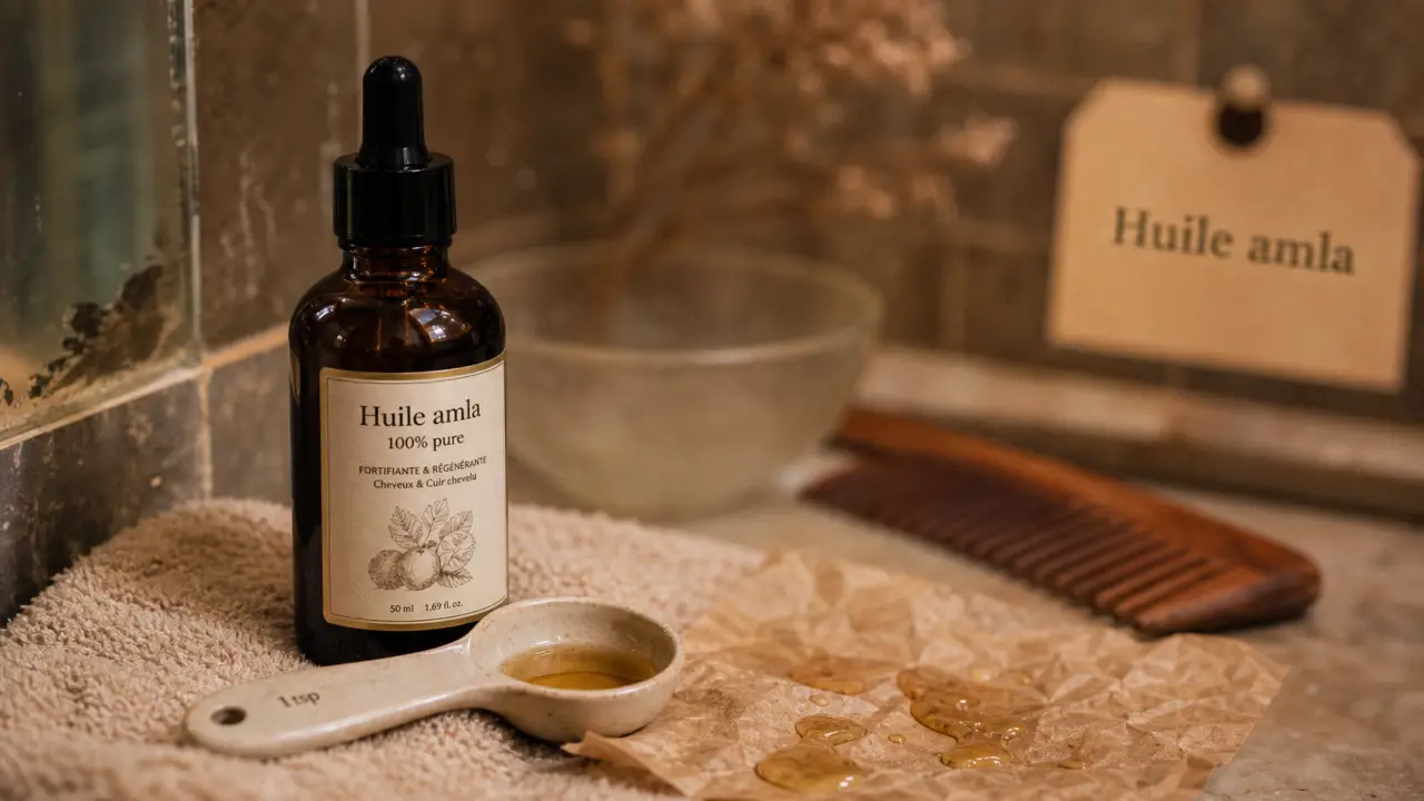 huile amla : flacon d’huile pure et gouttes