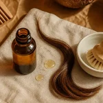 Huile de monoi cheveux : flacon et cheveux brillants sur fond crème