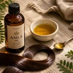 Huile pour cheveux amla sur cheveux bruns, brillance et soin