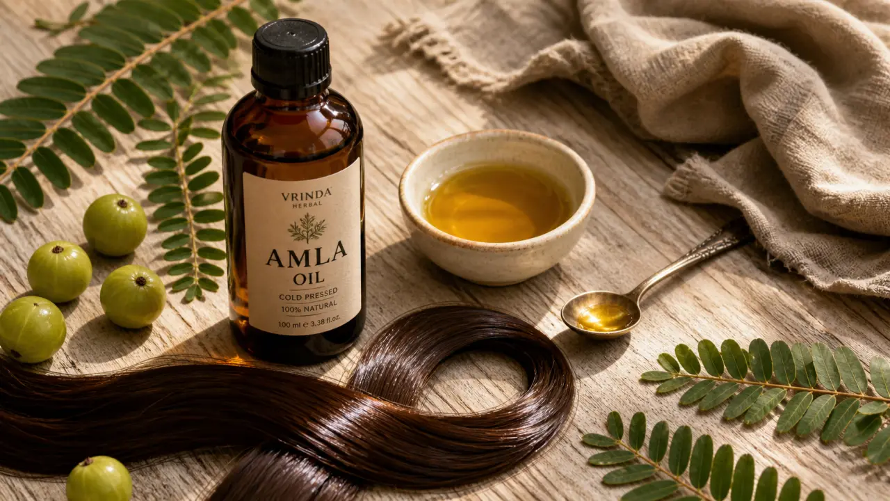 Huile pour cheveux amla sur cheveux bruns, brillance et soin