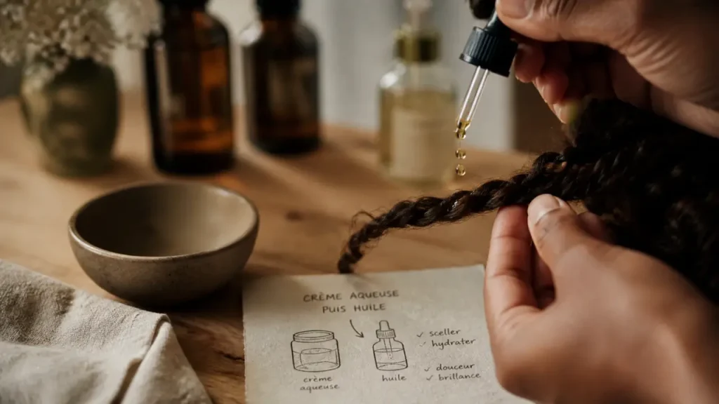 Huile pour cheveux bouclés : appliquer 2 gouttes sur pointes bouclées, sceller l’hydratation sans alourdir