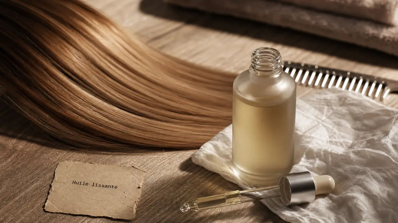 Huile pour cheveux lisse anti-frisottis, longueurs lissées brillantes