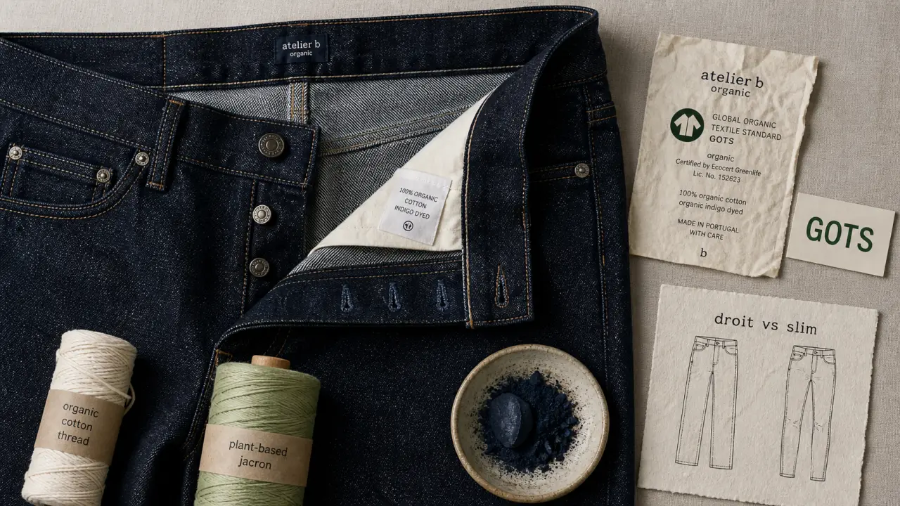 Jean coton bio indigo : labels GOTS, coupe et finitions à vérifier