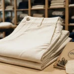 Pantalon coton bio femme en atelier, labels GOTS et Oeko-Tex visibles