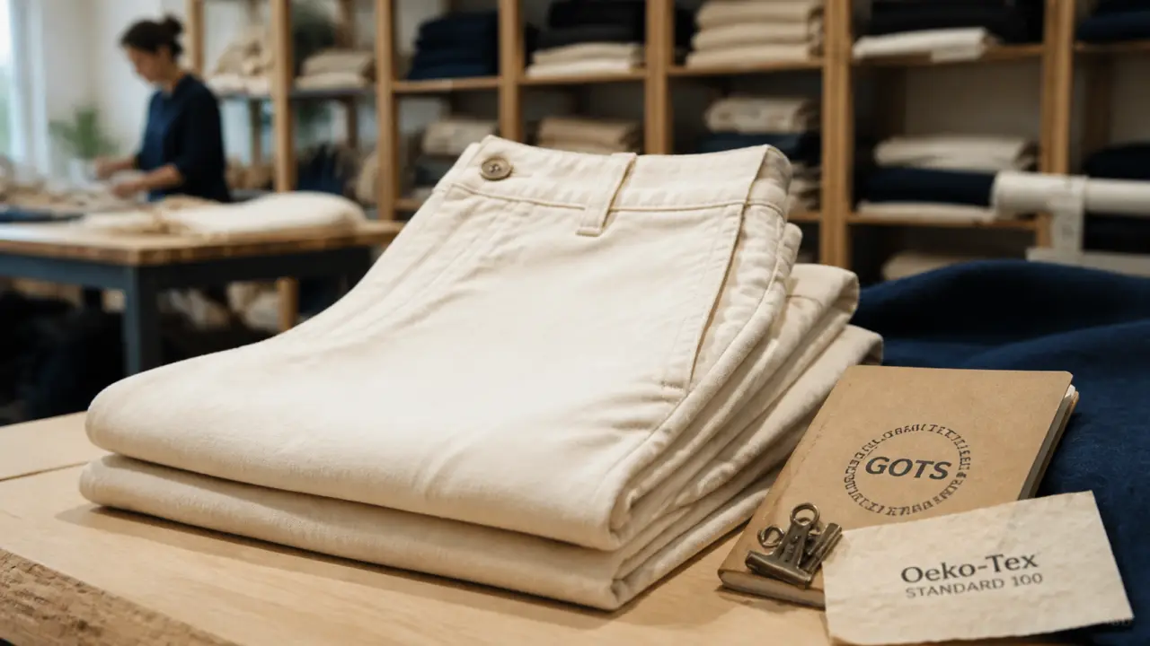 Pantalon coton bio femme en atelier, labels GOTS et Oeko-Tex visibles