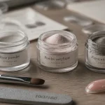 Poudre ongles : pots base, acrylique et pigments chrome sur table