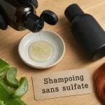 Shampoing cheveux colorés sans sulfate en photo macro : éclat et fibre sèche