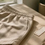 Short coton bio femme beige, confort et style éthique, près de détails tissu