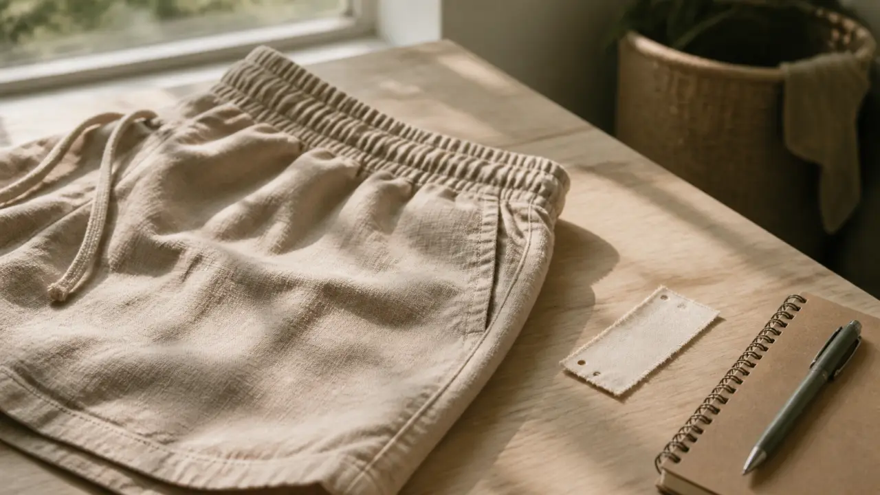 Short coton bio femme beige, confort et style éthique, près de détails tissu