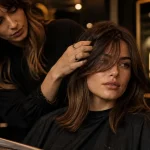 Visage rond coupe de cheveux : frange rideau sur long bob