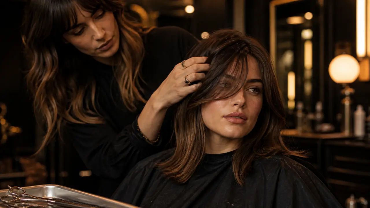 Visage rond coupe de cheveux : frange rideau sur long bob