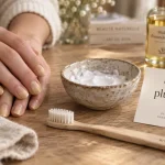 Blanchir ongles au bicarbonate, pâte blanche sur ongles et bol en céramique