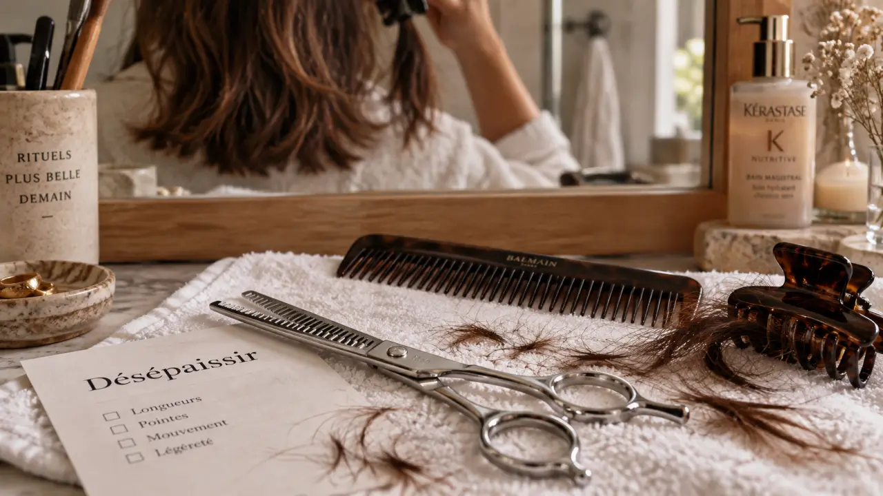 Désépaissir cheveux : couper sans gonfler, ciseaux effileurs et mèches au miroir