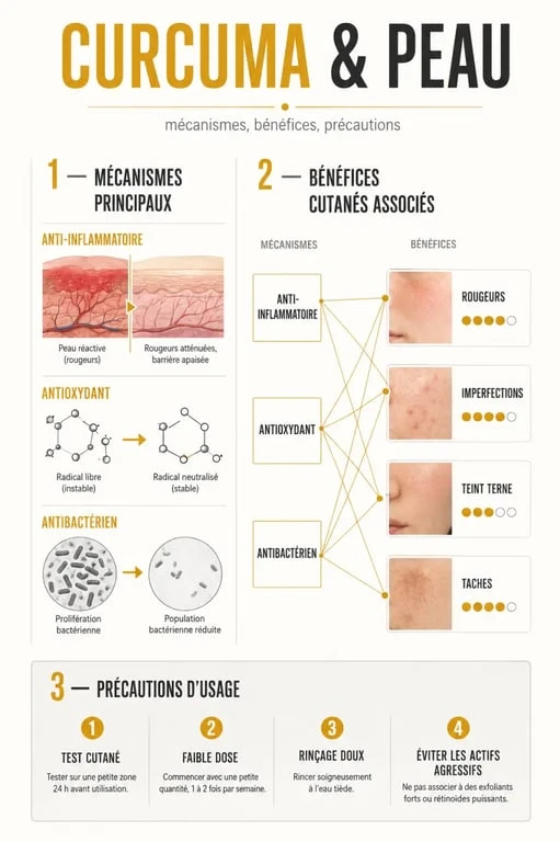 Bienfaits du curcuma bienfaits sur la peau : schéma des effets anti-inflammatoires, antioxydants et précautions d’usage