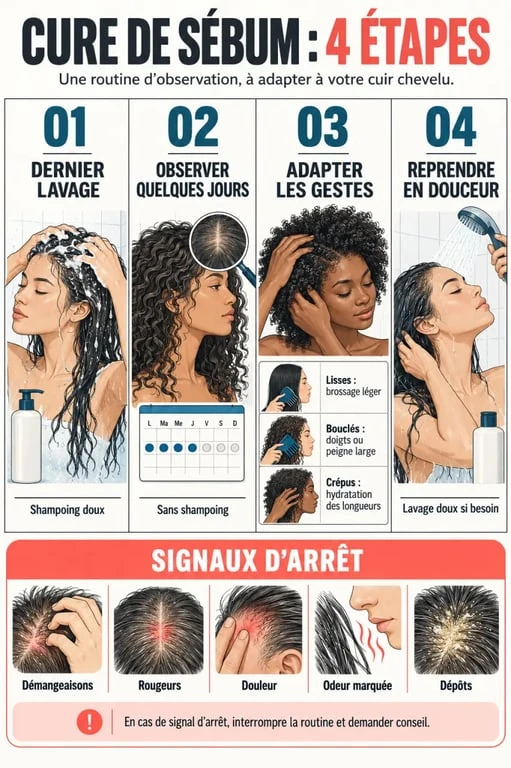 Étapes d’une cure de sébum avec observation du cuir chevelu et reprise du lavage