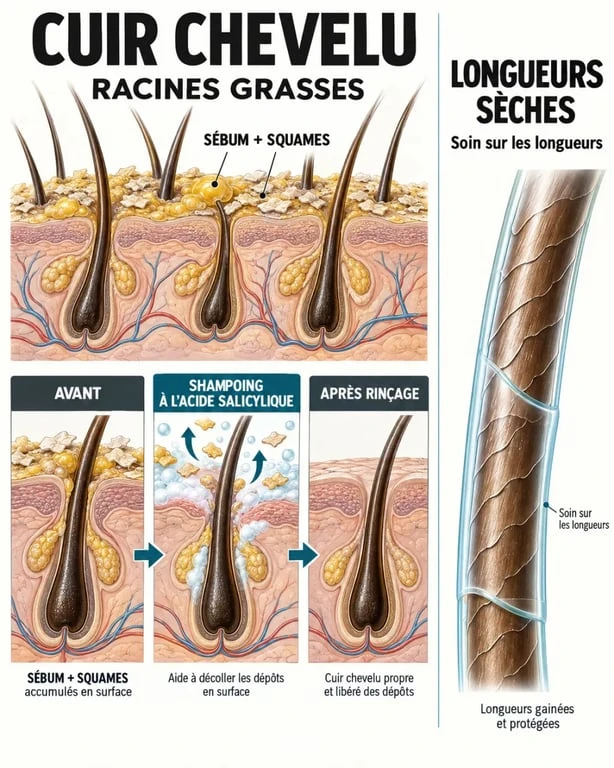 Schéma du rôle de l’acide salicylique dans un shampoing sur les squames et le sébum du cuir chevelu