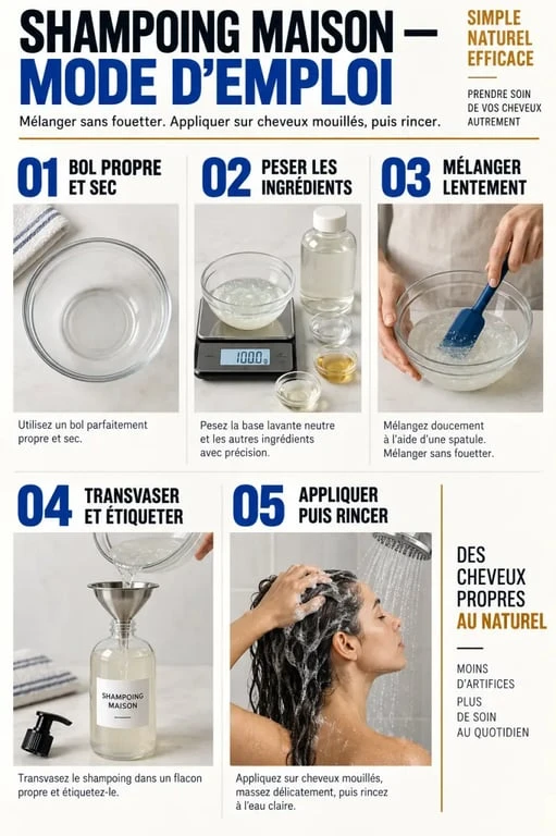 Shampoing maison facile à préparer avec une base neutre, étapes de mélange et d’application