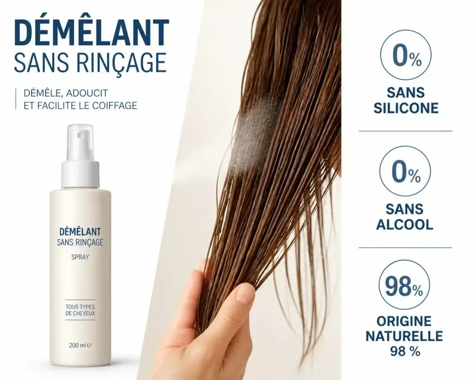 Démêlant sans rinçage : flacon spray et longueurs de cheveux lissées avec critères sans silicone et sans alcool