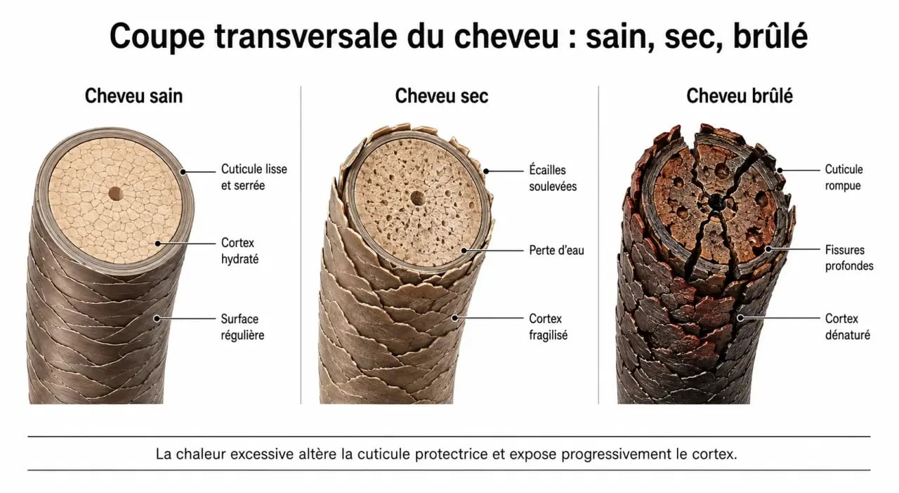 Différence structurelle entre cheveux sains, secs et cheveux brûlés