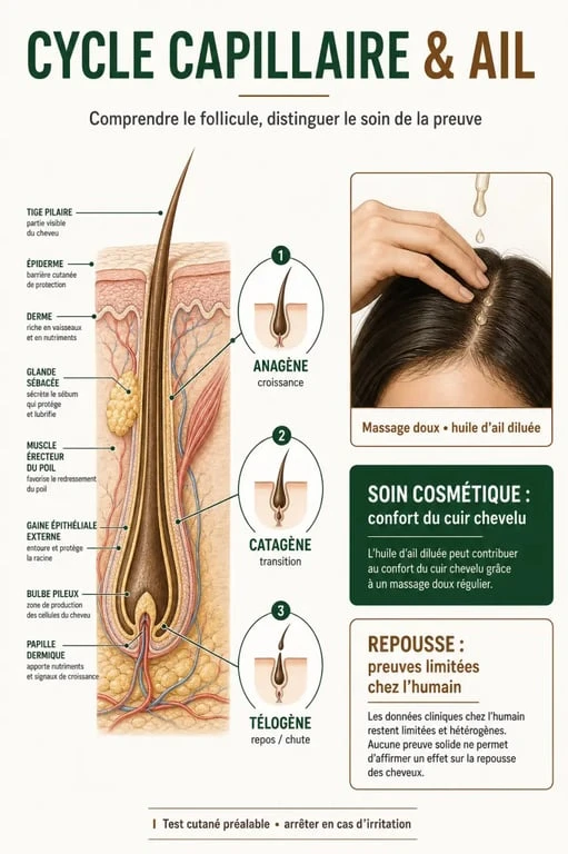 Infographie sur l’ail sur les cheveux et les phases du cycle capillaire