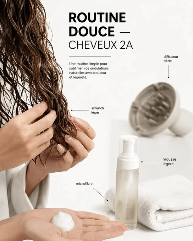 Routine cheveux 2a légère avec scrunch, séchage doux et produits non lourds