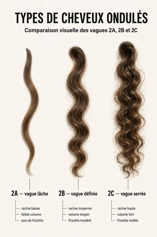 Cheveux 2a comparés aux 2b et 2c dans une composition éditoriale claire
