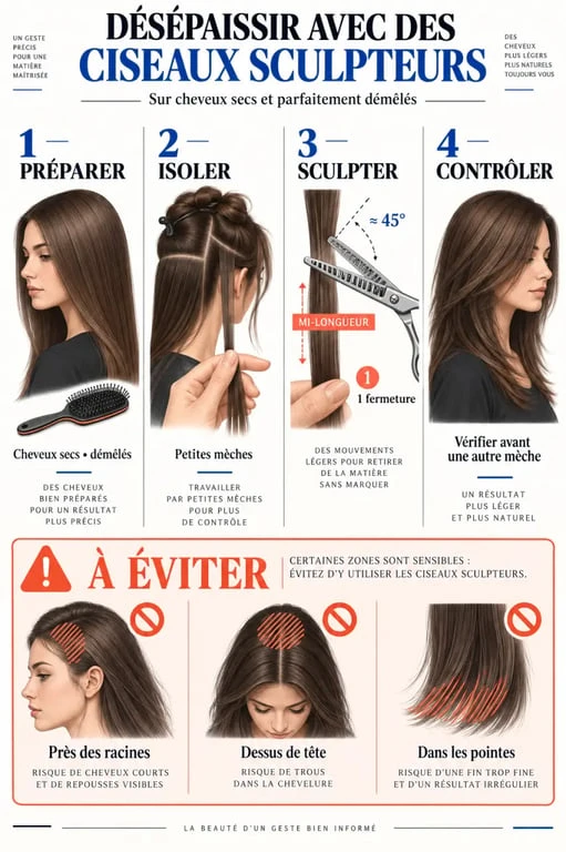 Illustration des étapes pour désépaissir les cheveux avec des ciseaux à mi-longueur