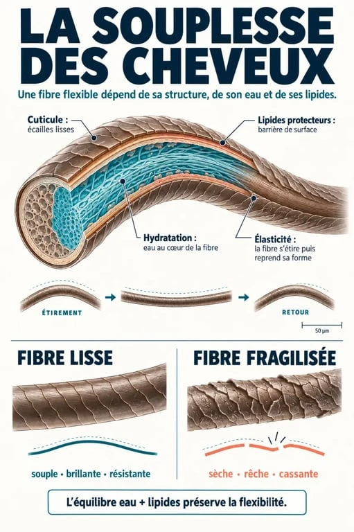 Infographie sur la souplesse des cheveux et l'équilibre entre hydratation, nutrition et protection de la fibre