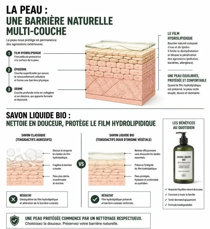 Schéma explicatif des bienfaits du savon liquide bio sur la barrière cutanée
