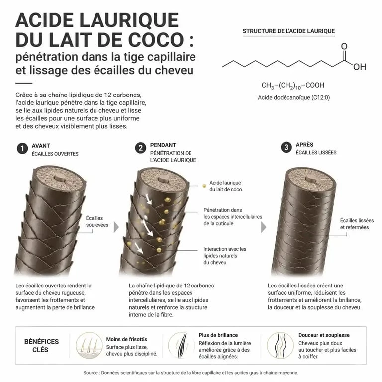 Infographie sur les bienfaits du lait de coco sur cheveux et son action sur la fibre capillaire