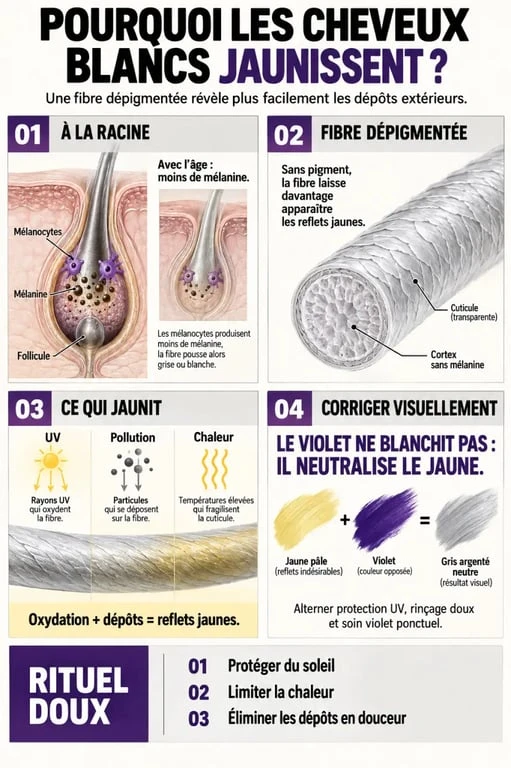 Infographie sur l’entretien naturel des cheveux blancs, la mélanine et les pigments violets contre les reflets jaunes