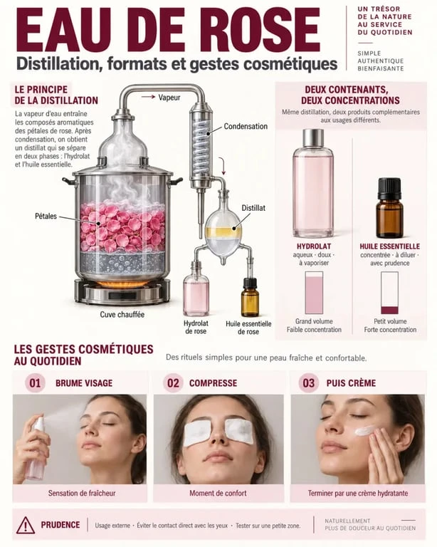 Infographie sur les bienfaits de l’eau de rose, sa distillation et ses usages cosmétiques