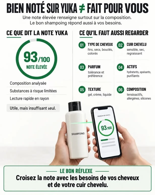 Yuka shampoing : infographie pour comparer la note et les besoins des cheveux