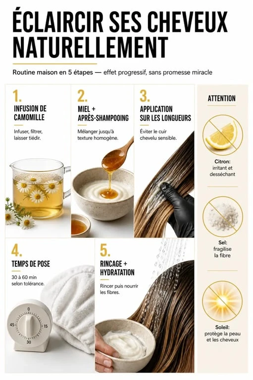 Éclaircir cheveux naturellement : routine en 5 étapes avec camomille, miel et précautions