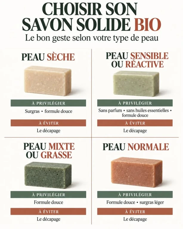 Infographie pour choisir un savon solide corps bio selon son type de peau