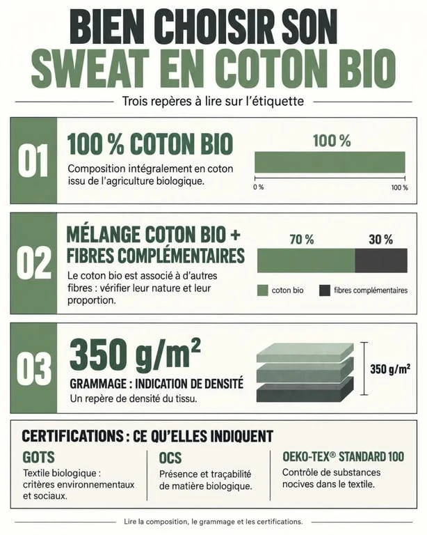 Graphique explicatif pour choisir un sweat coton bio selon la composition, le grammage et les labels