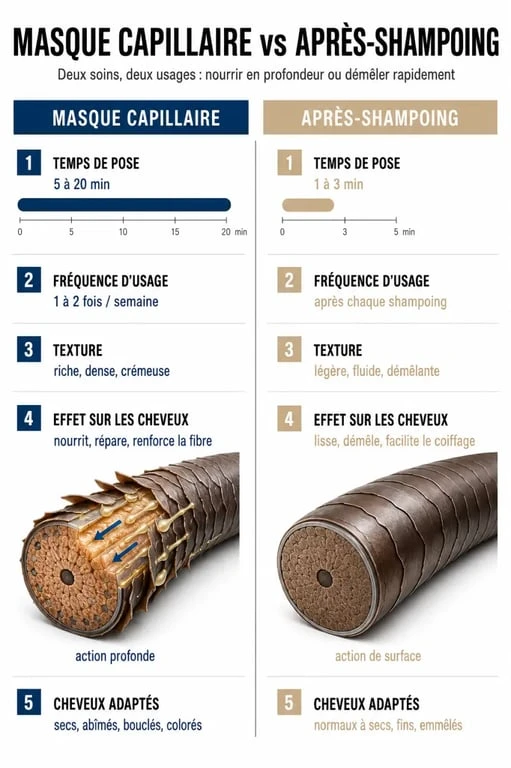 Masque ou après shampoing : comparaison visuelle des différences d’usage, de pose et d’effet sur les cheveux