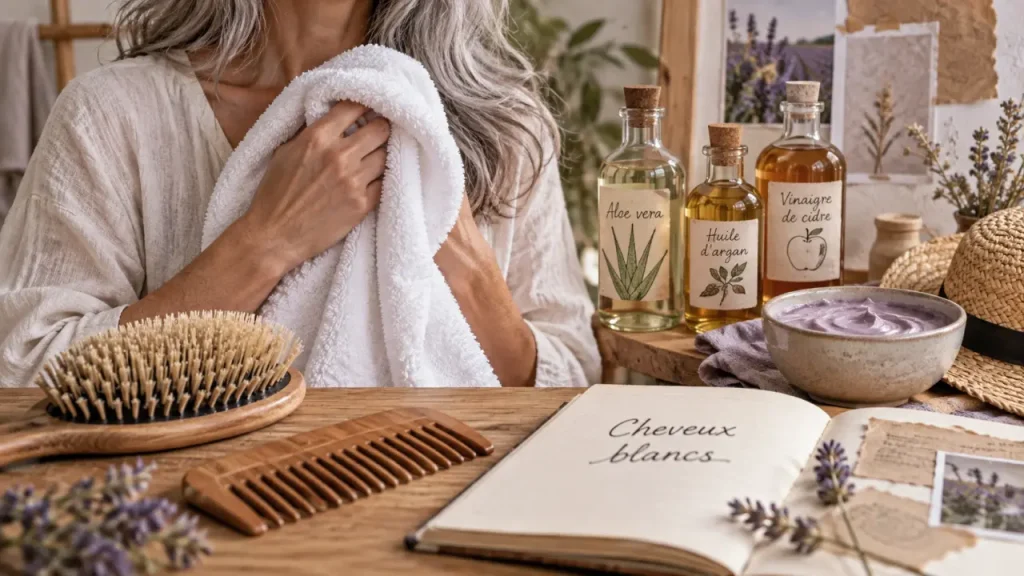 Entretenir naturellement ses cheveux blancs préserve l’éclat argenté, sans reflets jaunes