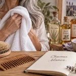 Entretien naturel des cheveux blancs : serviette, brosse et soins anti-reflets jaunes