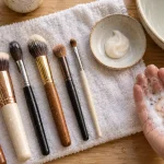 Laver pinceaux maquillage, pinceaux humides et nettoyant en mousse