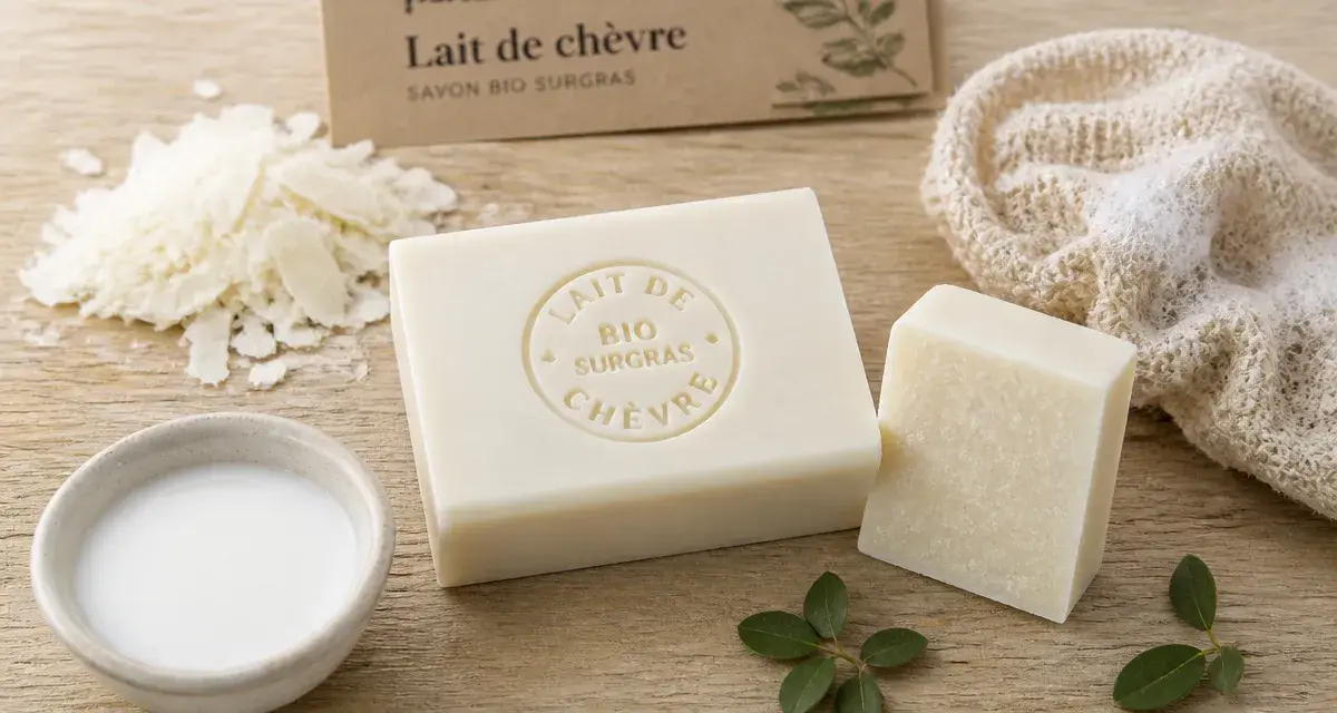 Savon au lait de chèvre bio sur table bois, peau apaisée