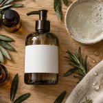 Savon liquide bio : pompe en verre fumé sur planche en bois