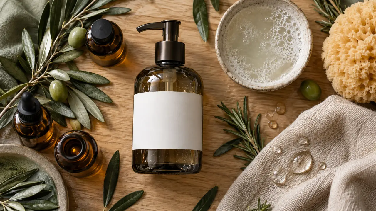 Savon liquide bio : pompe en verre fumé sur planche en bois